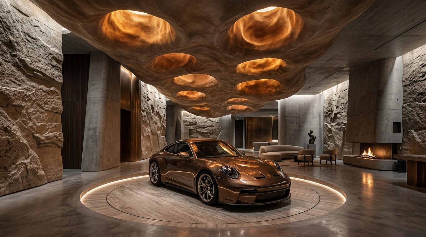 Automóvel bronze em ambiente arquitetônico sofisticado com iluminação dourada